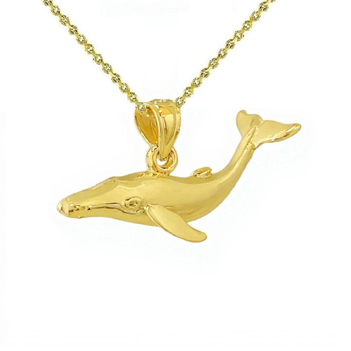 925 Sterling Silver Yellow Gold Plated 1mm Cable Chain Necklace w/ Whale 3D (3 Dimensional) Solid Pendant
