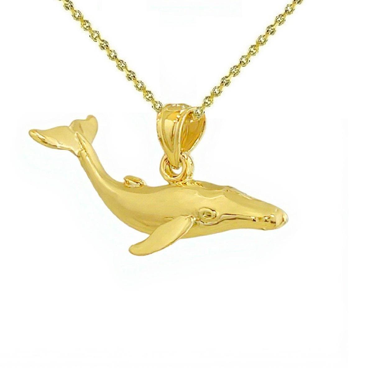 925 Sterling Silver Yellow Gold Plated 1mm Cable Chain Necklace w/ Whale 3D (3 Dimensional) Solid Pendant