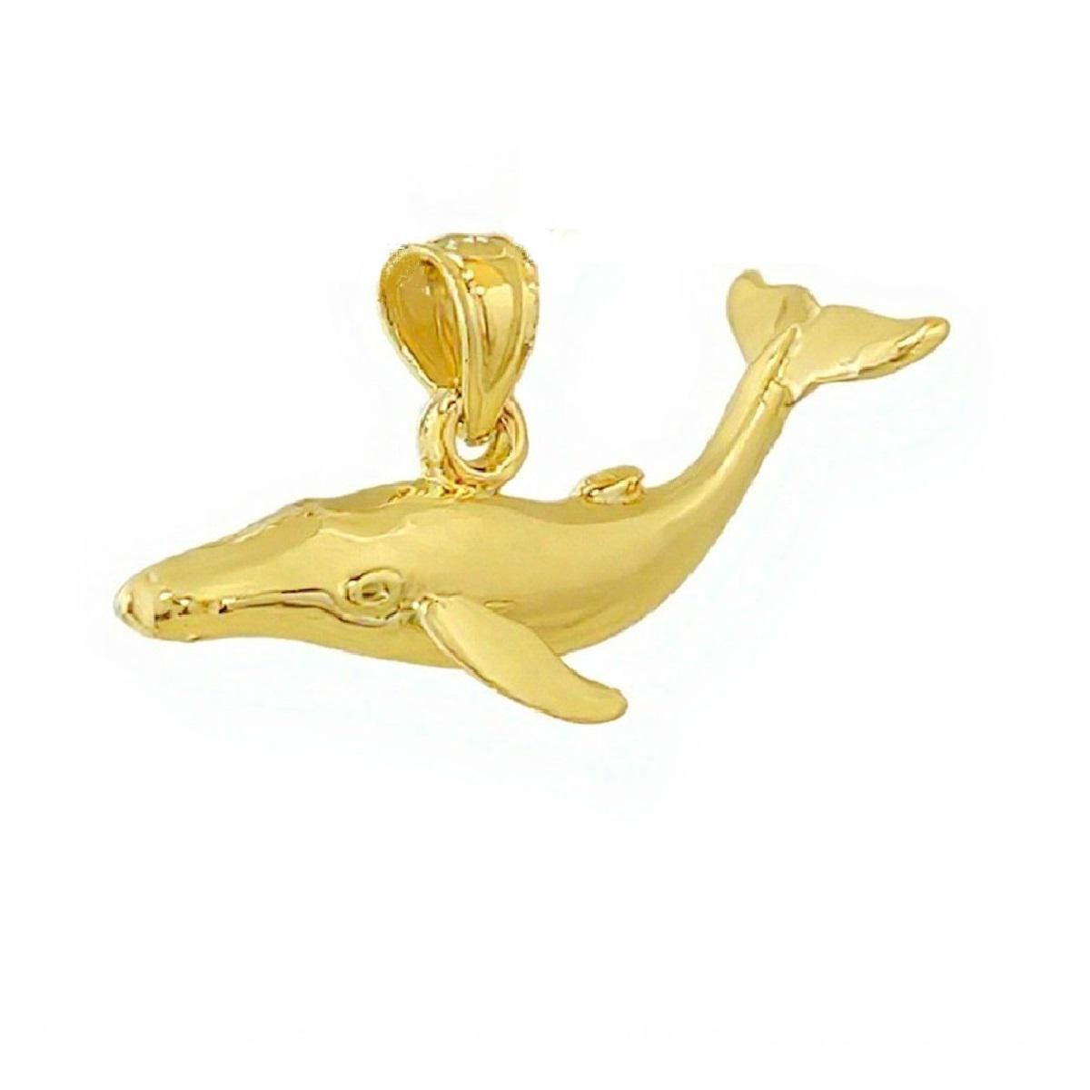 925 Sterling Silver Yellow Gold Plated 1mm Cable Chain Necklace w/ Whale 3D (3 Dimensional) Solid Pendant