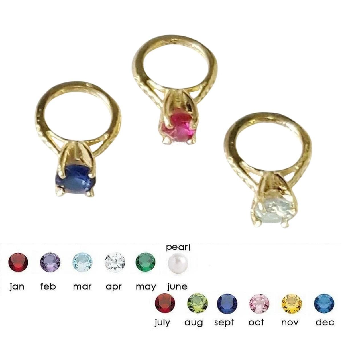 Real 14K Yellow Gold Small Ring Charm Pendant w/ Pearl or Birthstone Colored Cubic Zirconia Stone