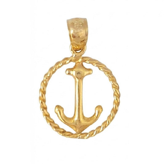 14K Yellow Gold Anchor with Rope 3D Solid Pendant